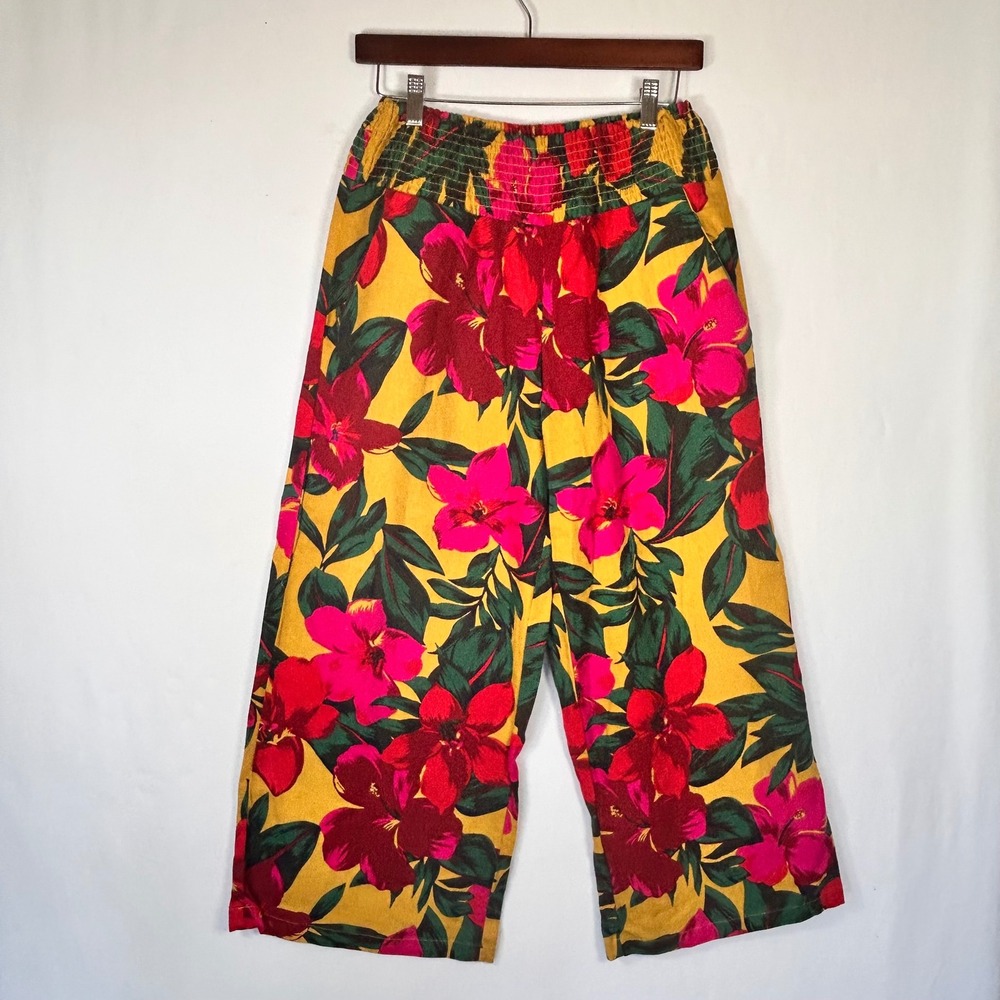 Tahari Womens Floral Smocked Waist Wide Leg Linen Blend Crop Pants Yellow Small